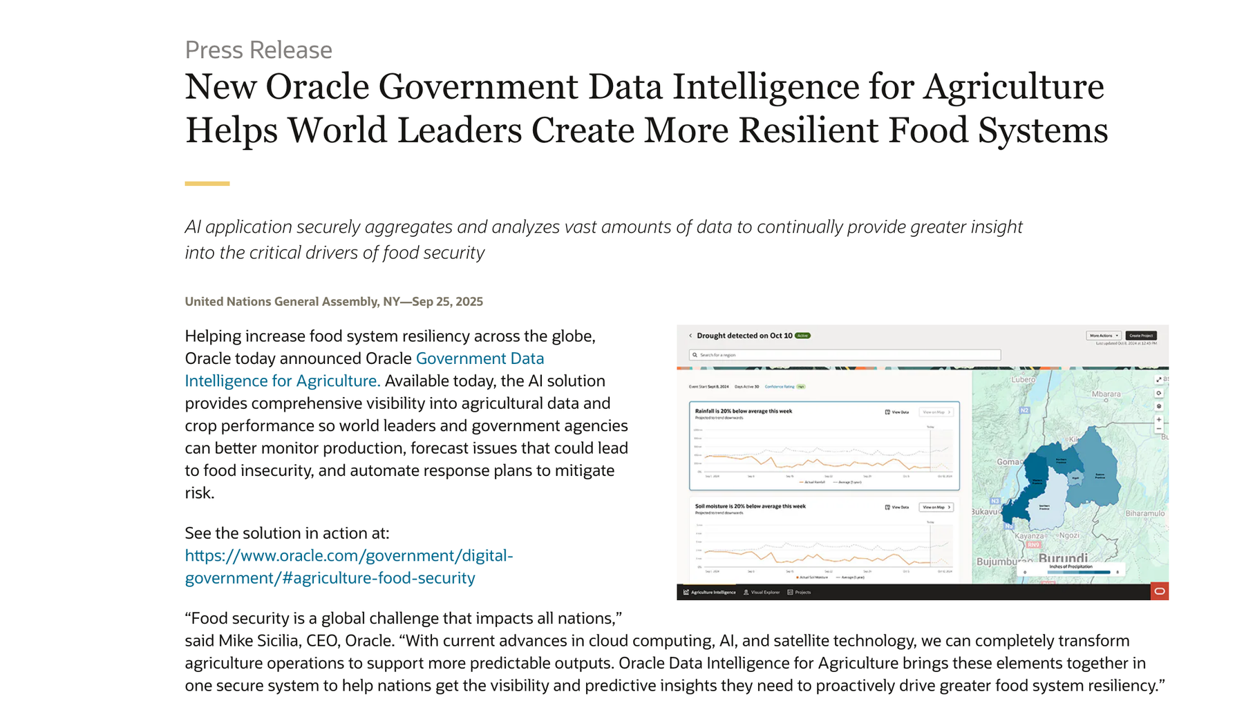 Oracle press release headlined New Oracle Government Data Intelligence for Agriculture Helps World Leaders Create More Resilient Food Systems, datelined United Nations General Assembly, New York, 25 September 2025