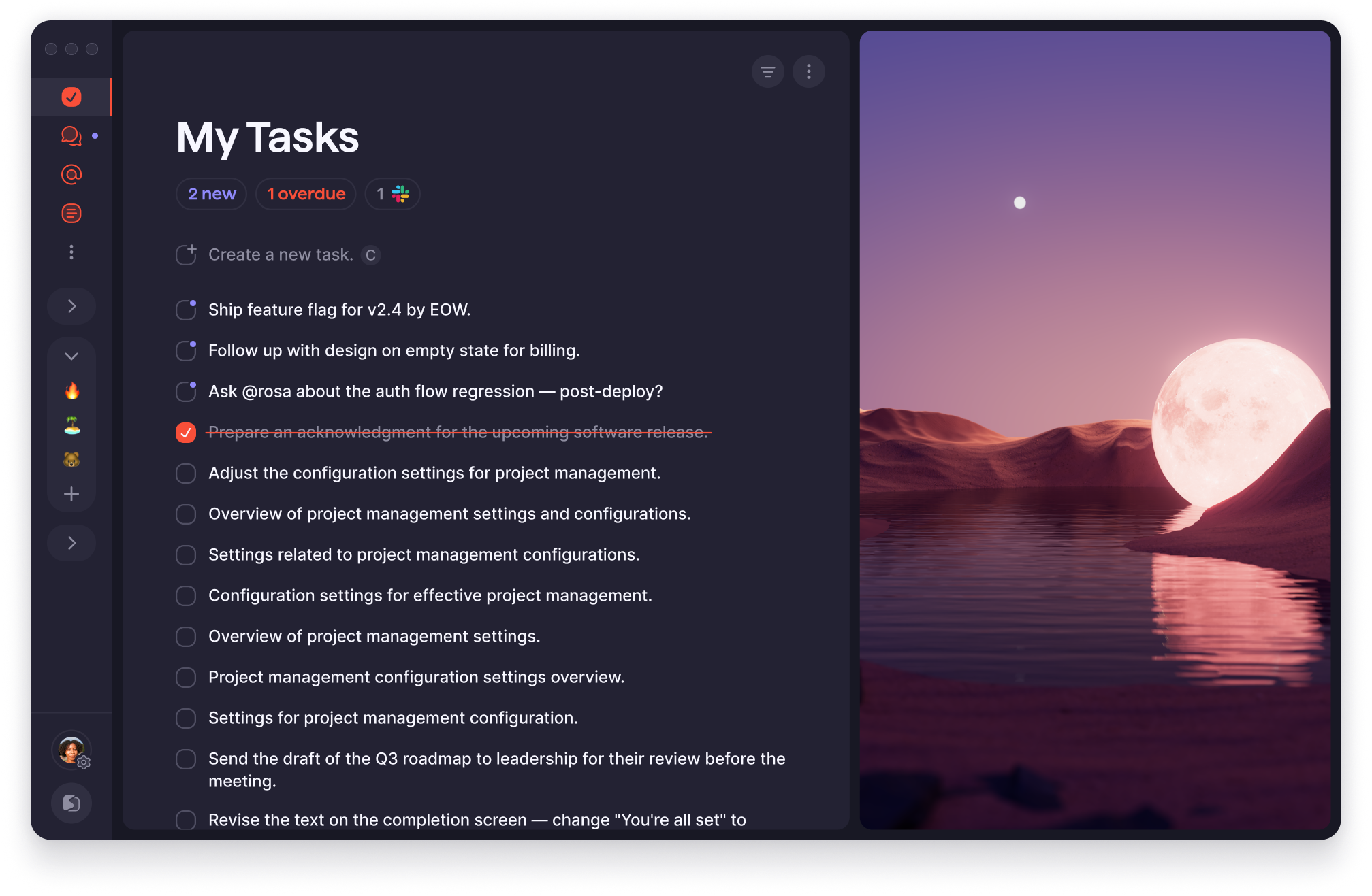 My Tasks view in Superlist showing a long backlog of uncompleted captured tasks