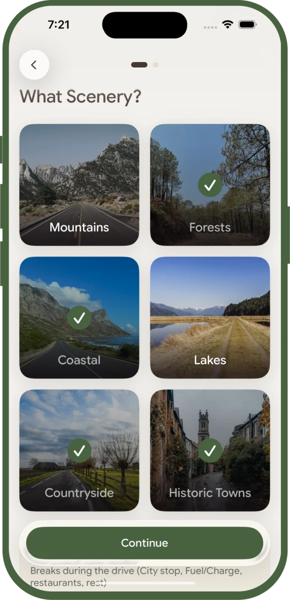 Scenra preferences screen with a grid of selectable scenery cards: Mountains, Forests, Coastal, Lakes, Countryside, Historic Towns.