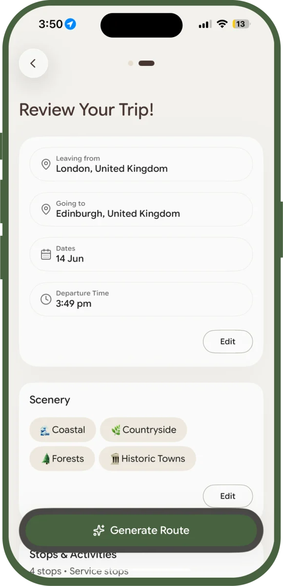 Scenra review screen with editable summary rows for departure, destination, dates, and departure time, and a Generate Route button.