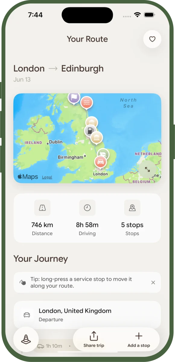 Scenra generated route screen, London to Edinburgh, with a map showing the full route and stop pins plus total distance and drive time.