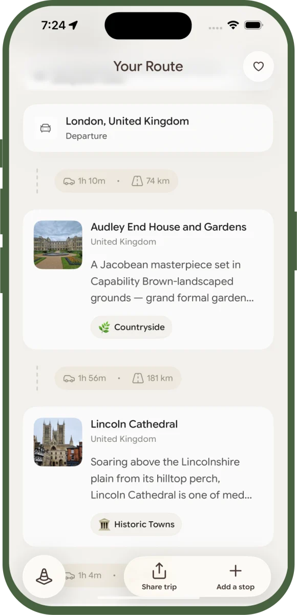 Scenra route detail screen: a scrollable list of scenic and service stops with per-leg drive times and scenery tags between cards.