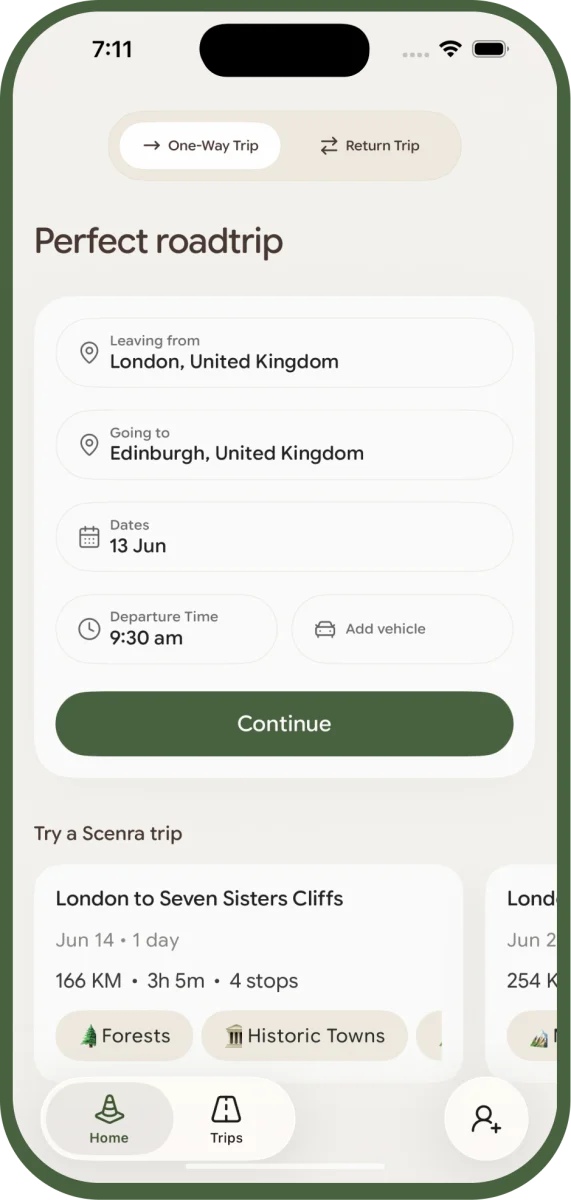 Scenra trip-details screen: a one-way / return toggle above fields for departure, destination, date, and departure time, with a Continue button.